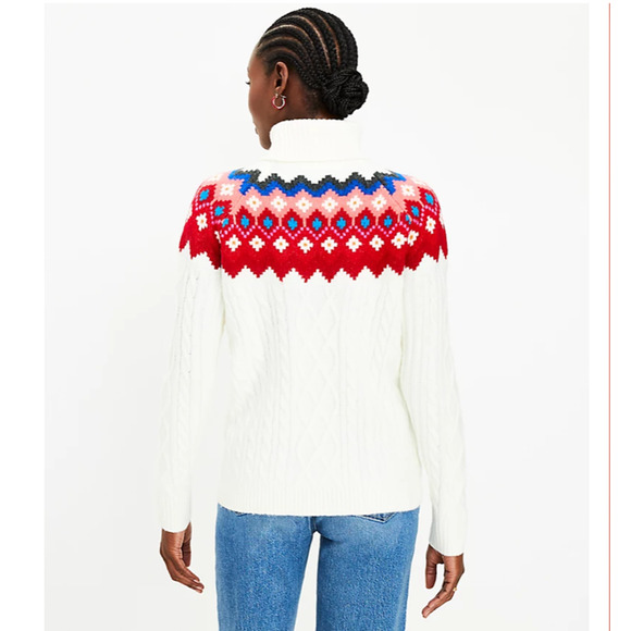 **NWT LOFT Ivory W/Red, Pink & Blue Fair Isle Turtleneck Cable Sweater - Picture 5 of 7